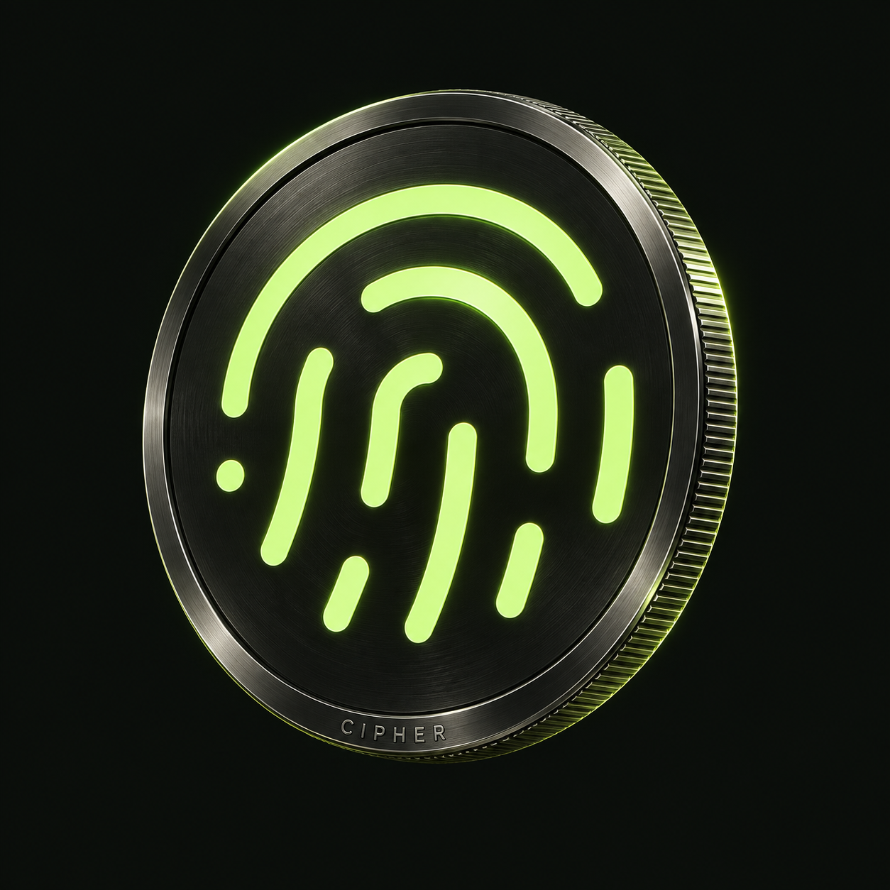CIPHER token concept: black titanium coin with the luminous fingerprint logo